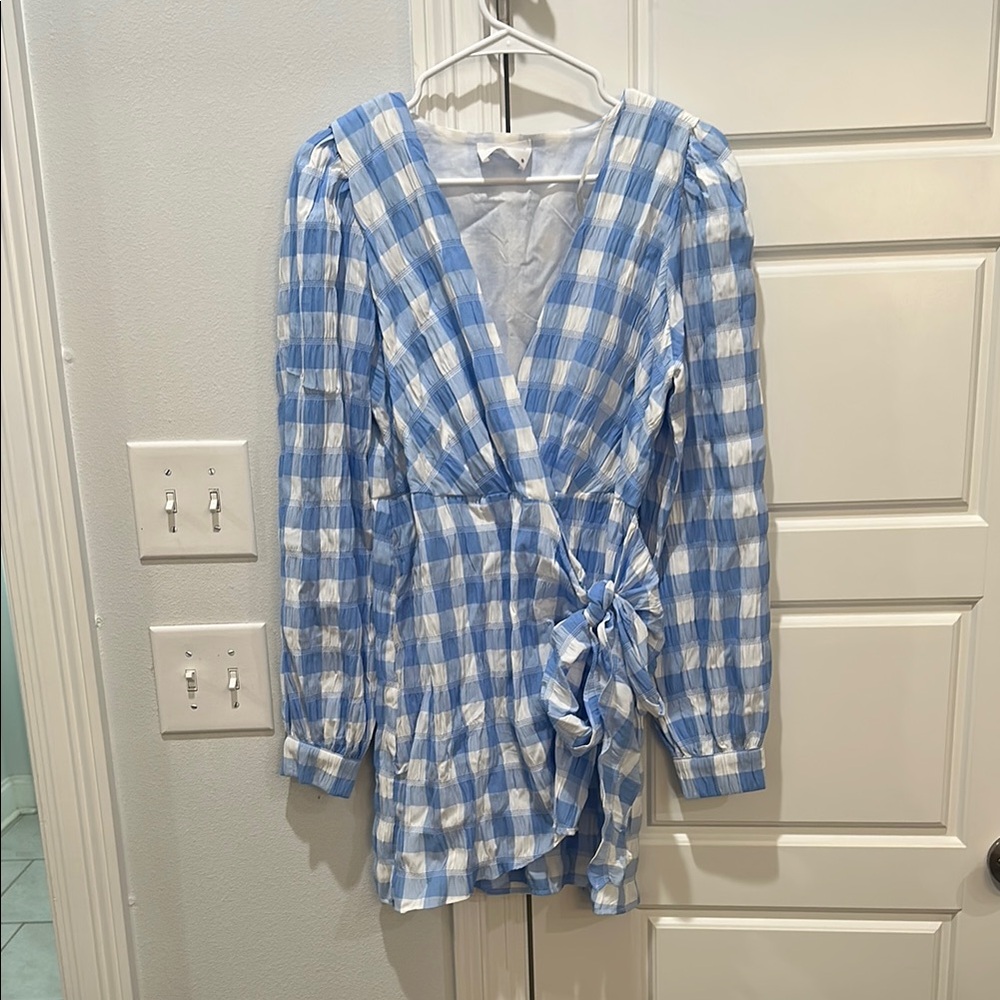 Blue and White Checkered Wrap Dress